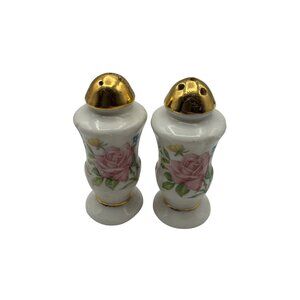 Vintage Ceramic Salt & Pepper Shakers With Floral Pattern & Gold Tops